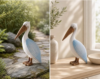 Scultura da giardino a forma di pellicano in resina, 30 cm, decorazione per patio in stile costiero, statua di uccello stravagante per esterni, ornamento nautico per casa al mare, caldo complemento d'arredo per mensole.