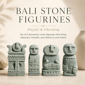 Może przedstawiać: Zestaw czterech szarych kamiennych figurek z wyrzeźbionymi rysami twarzy i teksturowanymi powierzchniami. Widoczny jest tekst BALI STONE FIGURINES, Playful & Charming oraz Set of 4 decorative stone figurines that bring character, warmth, and charm to your home.