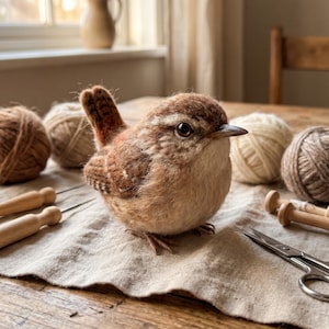 Puede incluir: Una figura de pájaro de lana fieltrada con un cuerpo redondo de fibras de lana en tonos marrón, beige y crema. El pájaro tiene un pequeño pico puntiagudo, ojos oscuros y una cola corta erguida con rayas horizontales de color marrón oscuro.