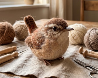 May include: A needle-felted brown wren figurine with a textured, fuzzy appearance, featuring a small pointed beak, dark eyes, and a short upright tail, crafted from wool fibers to resemble a realistic bird with intricate brown and tan plumage.