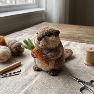 North American Beaver Holding Carrot Wetland Foraging Rodent Needle Felting Kit Natural Wool Decor