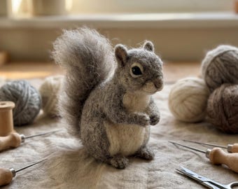 Gray Squirrel Bushy Fluff Tail Pale Underbelly Rodent Needle Felting Kit Linen Craft Surface Decor