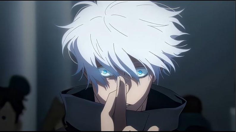 Może przedstawiać: Ilustracja w stylu anime przedstawiająca postać z kolczastymi białymi włosami i świecącymi, jasnoniebieskimi oczami. Postać ma na sobie ciemny ubi&oacute;r z wysokim kołnierzem i trzyma jedną dłoń przy twarzy, częściowo zasłaniając nos oraz usta.