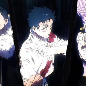 Może przedstawiać: Ilustracja w stylu anime przedstawiająca trzy postacie w oddzielnych pionowych panelach. Po lewej stronie mężczyzna w płaszczu z futrzanym kołnierzem i widocznymi mięśniami brzucha. W środku postać w białym mundurze z plamami krwi. Po prawej postać z długimi r&oacute;żowymi włosami.