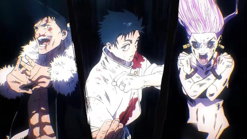 Może przedstawiać: Ilustracja w stylu anime przedstawiająca trzy postacie w oddzielnych pionowych panelach. Po lewej stronie mężczyzna w płaszczu z futrzanym kołnierzem i widocznymi mięśniami brzucha. W środku postać w białym mundurze z plamami krwi. Po prawej postać z długimi r&oacute;żowymi włosami.
