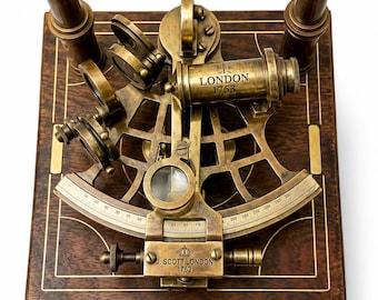 Sextante náutico de latón J. Scott para barcos con caja de madera, instrumento de navegación funcional, artículo de colección marítimo, regalo de sextante antiguo de latón