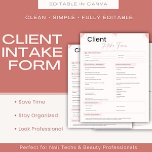 May include: A digital client intake form template with a dusty rose and white color scheme. The document features sections for client information, nail history, preferences, allergies, sensitivities, and appointment notes, with the text Client Intake Form.