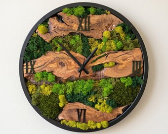 Wanduhr aus Olivenholz und Moos mit schwarzem Metallrahmen