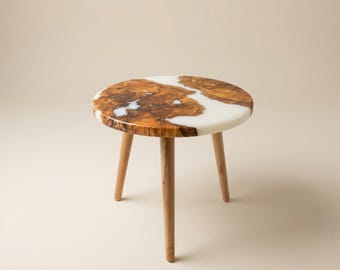 Mediterranean Olive Wood Resin End Table – Circular Natural Art Nightstand
