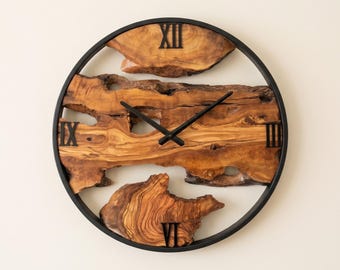 Wanduhr aus Olivenholz mit schwarzem Metallrahmen 12 bis 48 Zoll Lautlos