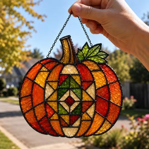 Patrón de vidriera de calabaza patchwork, A4 15x14,29 cm, A3 20,02x19,05 cm, Atrapasueños de otoño PDF
