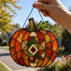 May include: A stained glass pumpkin suncatcher featuring a textured orange, red, and yellow exterior with a central geometric pattern in green, red, and cream. The piece includes a green glass leaf, a brown stem, and a black metal chain for hanging.