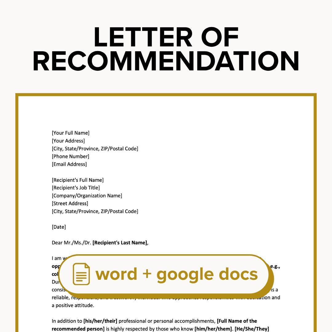 Personal Reference Letter Template Printable Letter of Recommendation ...