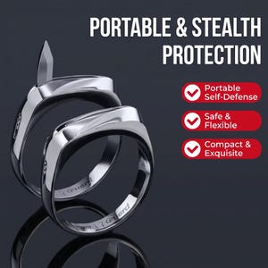May include: Two silver-toned metal rings with a smooth finish. One ring features a small, pointed blade extending upwards. The interior of the bands is engraved with the text 'Guard'. Text on the image reads 'PORTABLE & STEALTH PROTECTION' and lists 'Portable Self-Defence', 'Safe & Flexible', and 'Compact & Exquisite'.