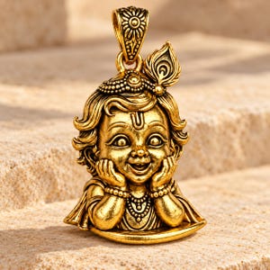 Könnte beinhalten: Ein goldfarbener Metallanhänger mit einer skulptierten Kinderfigur mit welligem Haar, einem Pfauenfeder-Akzent und Händen, die an den Wangen ruhen. Der Anhänger verfügt über eine dekorative Öse an der Oberseite mit Blumenmuster und Details.