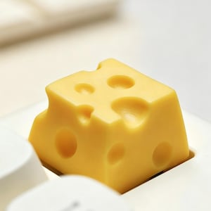 以下が含まれることがあります： スイスチーズの塊を模した黄色い正方形のメカニカルキーボード用キーキャップ。上面と側面に様々なサイズの円形のくぼみが複数あり、白いキーボードに取り付けられています。