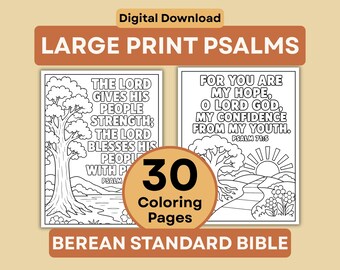 May include: A digital download set of 30 large print coloring pages featuring black and white line art illustrations of trees, landscapes, and flowers. The text includes "The Lord gives his people strength" and "For you are my hope, O Lord God".