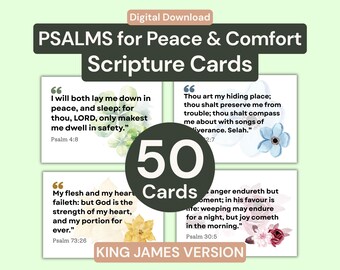 May include: A set of 50 scripture cards titled Psalms for Peace & Comfort, featuring King James Version verses. Each white card displays black text and watercolor floral illustrations in green, blue, yellow, and pink, presented as a digital download.