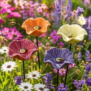 Op de afbeelding: Vier keramische bloemensculpturen in oranje, geel, rood en paars, elk gemonteerd op een dunne zwarte metalen staaf. De bloemen hebben glanzende, golvende bloemblaadjes en gestructureerde harten, bezocht door levende bijen en vlinders.