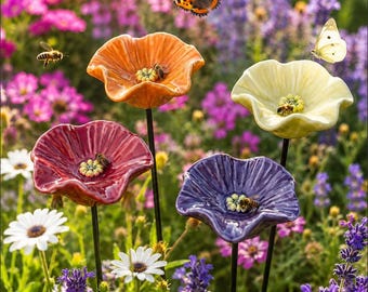 Arrosage en céramique pour papillons et abeilles - bol d'eau pollinisateur de fleurs de pavot fait main pour le jardin, bain d'abeilles, cadeau d'abreuvoirs pour insectes
