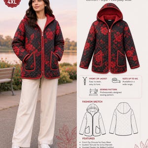 Könnte beinhalten: Eine Jacke mit Reißverschluss und gesteppter Textur, mit einem schwarz-roten Blumenmuster, einer Kapuze und zwei Vordertaschen mit roter Paspelierung. Der Text auf dem Bild umfasst ZIP FRONT JACKET, SIZES UP TO 4XL, SEWING PATTERN und FASHION SKETCH.