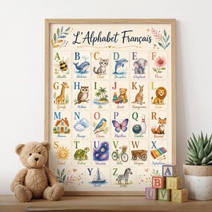 May include: A framed educational poster titled L'Alphabet Français featuring colorful illustrations for each letter from A to Z, including animals, objects, and nature scenes. The poster is displayed with a brown teddy bear and wooden alphabet blocks.