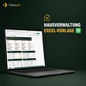 Peut inclure: Un ordinateur portable affichant un modèle de feuille de calcul de gestion immobilière intitulé Hausverwaltung Excel-Vorlage. L'écran présente un tableau de bord avec des données financières, des tableaux et des listes sur un fond vert foncé.