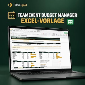 Könnte beinhalten: Ein Laptop zeigt eine digitale Tabellenkalkulation mit dem Titel Teamevent Budget Manager Excel-Vorlage. Der Bildschirm präsentiert ein Dashboard mit Finanzdaten, einschließlich Budgetsummen und grafischen Auswertungen.