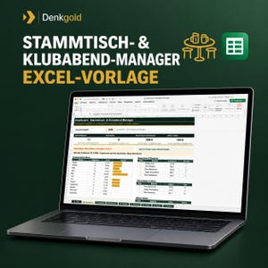 May include: A laptop displaying the Denk-gold Stammtisch- & Klubabend-Manager Excel template. The screen shows a dashboard with data tables, charts, and financial summaries for club management, set against a dark green background with white text.
