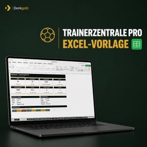 Könnte beinhalten: Ein Laptop, der das Trainerzentrale Pro Excel-Vorlage Dashboard auf seinem Bildschirm anzeigt. Die Benutzeroberfläche zeigt verschiedene Fußball-Teamstatistiken, einschließlich Spielergebnissen, Trainingsplänen und Leistungskennzahlen in einem Tabellenformat.