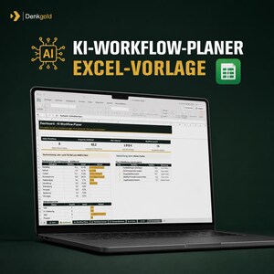 Könnte beinhalten: Ein Laptop-Bildschirm zeigt eine Excel-Tabelle mit dem Titel KI-WORKFLOW-PLANER. Das Dashboard enthält Datentabellen, Balkendiagramme und Workflow-Metriken. Darüber steht der Text KI-WORKFLOW-PLANER EXCEL-VORLAGE mit einem KI-Symbol und einem Tabellensymbol.
