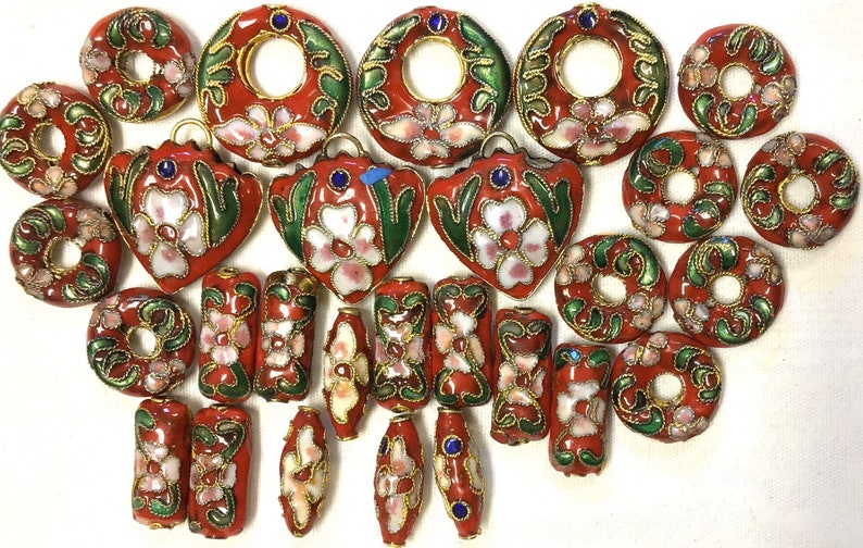 Red 28 Pieces Destash Cloisonn\u00e9 Beads Assorted Sets