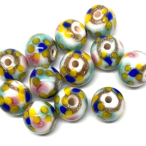 Destash 1 Dozen Czech Lampwork Round Flower Beads, 8 mm