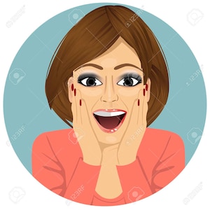 May include: A woman with brown hair and red lipstick is surprised and has her hands on her cheeks. She is wearing a pink shirt.