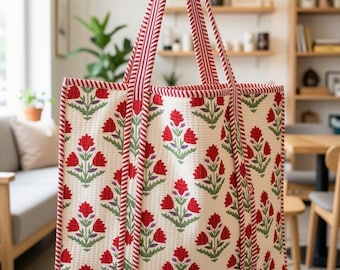 Indian Cotton Quilted Tote Bag with Zip | White Red flower Print
