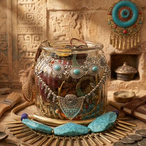 May include: A clear glass jar filled with assorted jewelry, including a silver-toned necklace with turquoise-colored stones draped over the front. A large, flat turquoise-colored stone necklace with a gold-toned sunburst fringe sits at the base.