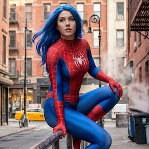May include: A full-body blue and red spandex bodysuit featuring a white spider emblem on the chest and a web pattern across the red sections. The garment has long sleeves and covers the legs, worn by a person with long, vibrant blue hair.