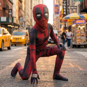 May include: A full-body red and black spandex costume featuring a character mask with white eye patches, worn in a kneeling pose. The suit includes dark textured accents on the arms and legs, with black gloves and matching footwear.
