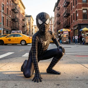 May include: A full-body black and white superhero costume featuring a mask with large white eye lenses, a spider emblem on the chest, and a web pattern covering the entire suit. The costume is worn in a crouching pose on a city sidewalk.
