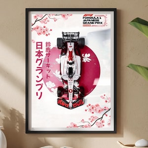 Póster del Gran Premio de Japón de F1, lámina de coche de carreras en flor de cerezo, decoración de pared para oficina, arte