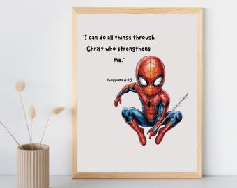 Spider-Man-poster, Chibi-superhjältebibelversväggkonst, kristen barnposter för pojkars sovrum