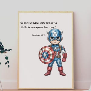 Captain America Stand Firm Poster, Chibi Superhero Scripture Wall Art, Boys Bedroom Decor, Christian Kids Print