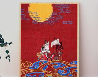 One Piece Thousand Sunny-poster, anime-väggkonst i broderistil, sovrumsinredning, japansk estetiskt tryck