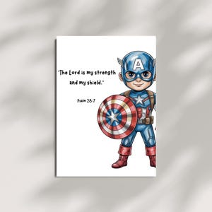 Kapten Amerikas bibelversposter, superhjälteskriftstavla, pojkars sovrumsdekor, kristen barnrumstryck bild 2