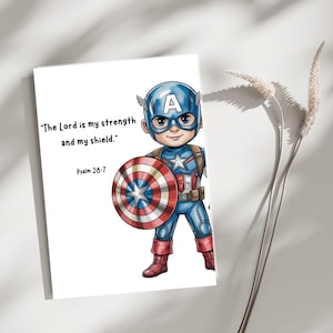 Kapten Amerikas bibelversposter, superhjälteskriftstavla, pojkars sovrumsdekor, kristen barnrumstryck bild 1