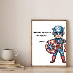 Kapten Amerikas bibelversposter, superhjälteskriftstavla, pojkars sovrumsdekor, kristen barnrumstryck bild 4
