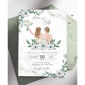 Könnte beinhalten: Eine Hochzeitseinladungskarte mit einer Aquarellillustration von zwei Personen von hinten, eine davon hält einen Blumenstrauß. Der Text lautet Anna and Bella, Please join us as we celebrate our marriage, Saturday 20 June 2026, at 5 in the evening, 25 Rosemary St., New York, Reception to follow. Weiße Blumen und grüne Blätter umrahmen das Design.