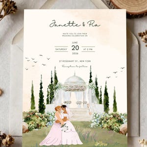 Könnte beinhalten: Eine Hochzeitseinladungskarte mit einer Illustration von zwei Personen in Kleidern, die sich vor einem Pavillon umarmen. Der Text lautet Janette & Ria, invite you to join their wedding celebration on Saturday June 20 2026 at 2 PM, 27 Rosemary St., New York.
