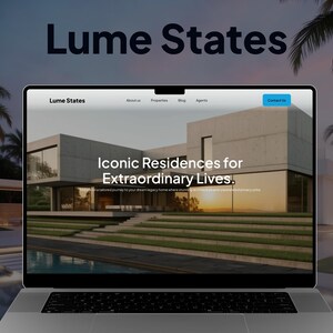 May include: A laptop screen displaying the Lume States website homepage, featuring a modern concrete residence with large glass windows, a swimming pool, and the text Iconic Residences for Extraordinary Lives against a sunset sky.