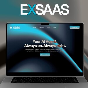 May include: A laptop displaying a website with the text EXSAAS at the top. The screen shows the headline Your AI Agent. Always on. Always right. with a navigation menu including Home, Features, Pricing, Blog, and a Contact Us button in blue.